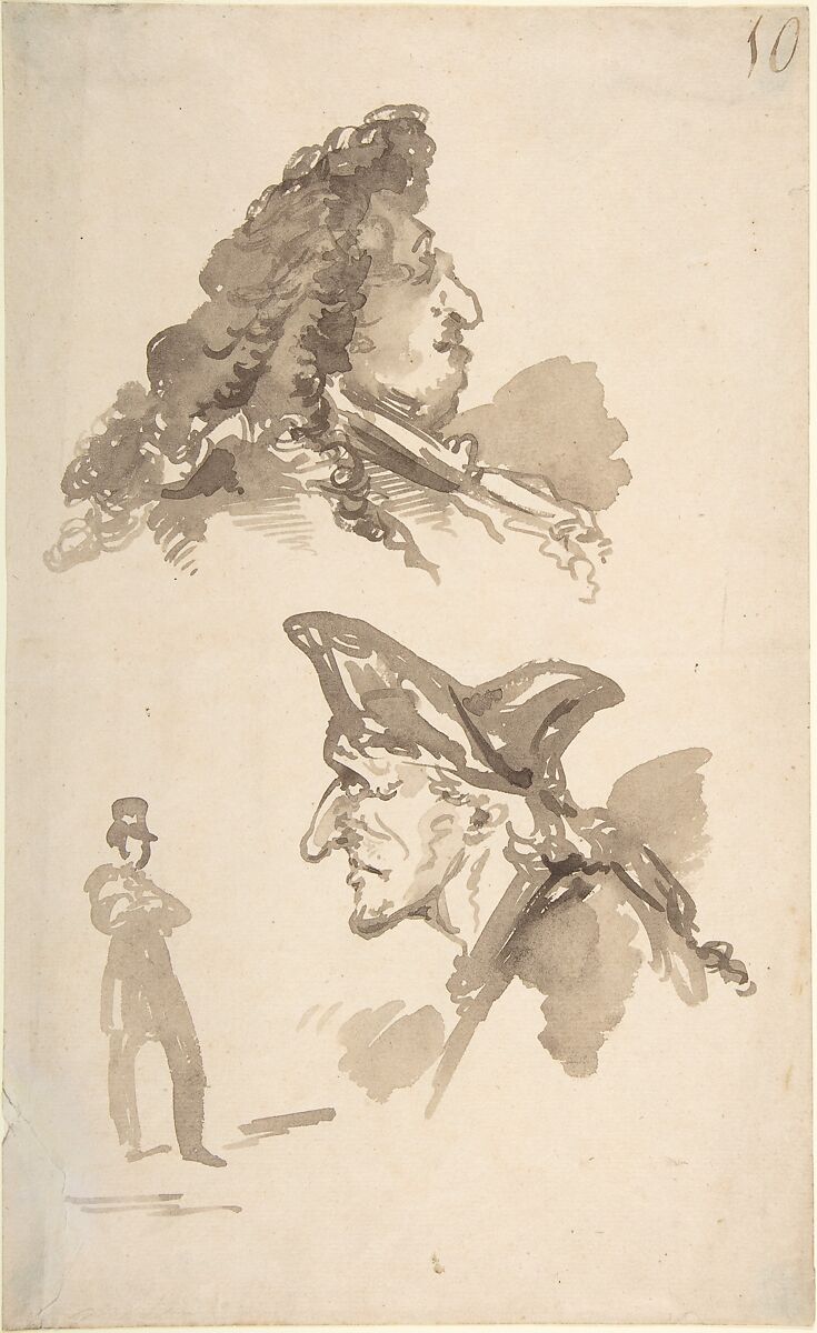 Sheet of Studies:  Two Male Heads in Profile and Standing Man, Jean-Baptiste Isabey (French, Nancy 1767–1855 Paris), Brush and brown wash 