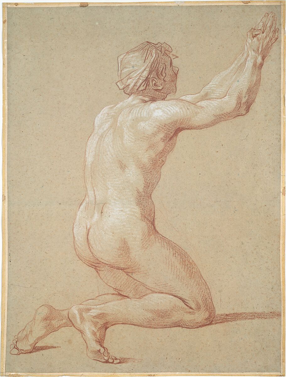 Kneeling Nude Youth with Raised Clasped Hands, Etienne Jeaurat (French, Vermenton 1699–1789 Versailles), Red chalk, heightened with white, on beige paper. 