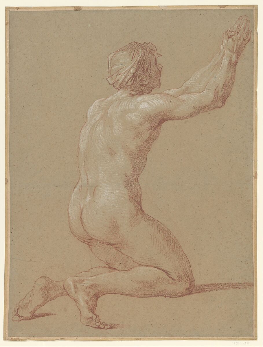 Kneeling Nude Youth with Raised Clasped Hands, Etienne Jeaurat (French, Vermenton 1699–1789 Versailles), Red chalk, heightened with white, on beige paper.