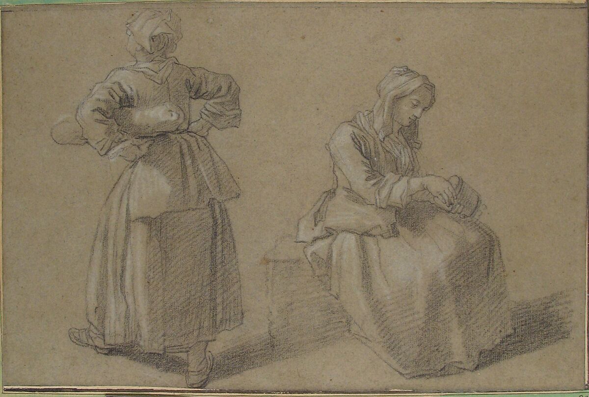Study of Two Women, Etienne Jeaurat (French, Vermenton 1699–1789 Versailles), Black chalk, heightened with white
