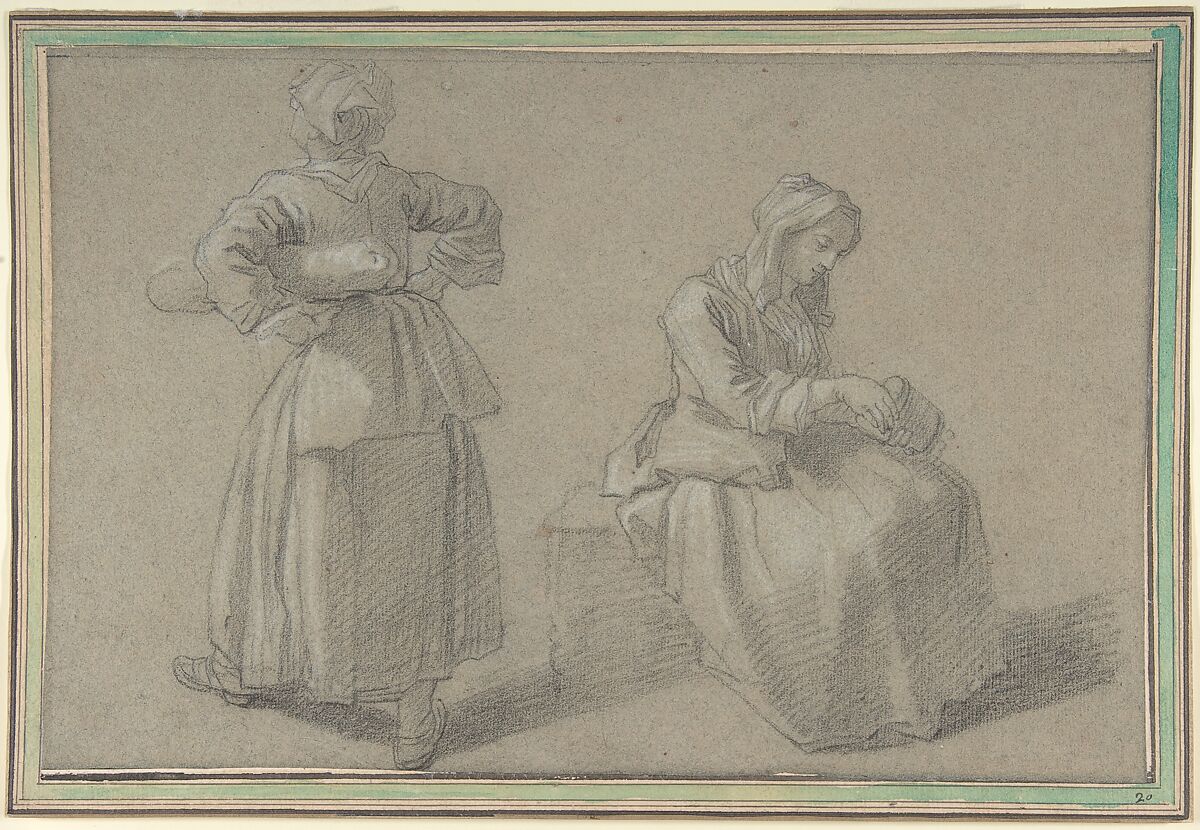 Study of Two Women, Etienne Jeaurat (French, Vermenton 1699–1789 Versailles), Black chalk, heightened with white, on gray paper 