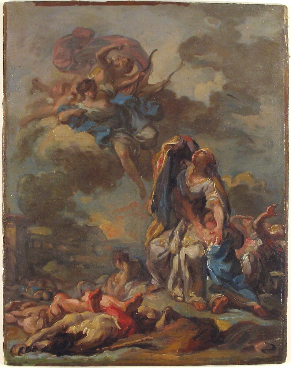 The Punishment of the Arrogant Niobe by Diana and Apollo, Pierre Charles Jombert (French, Paris 1748–1825), Oil paint on canvas, mounted on board