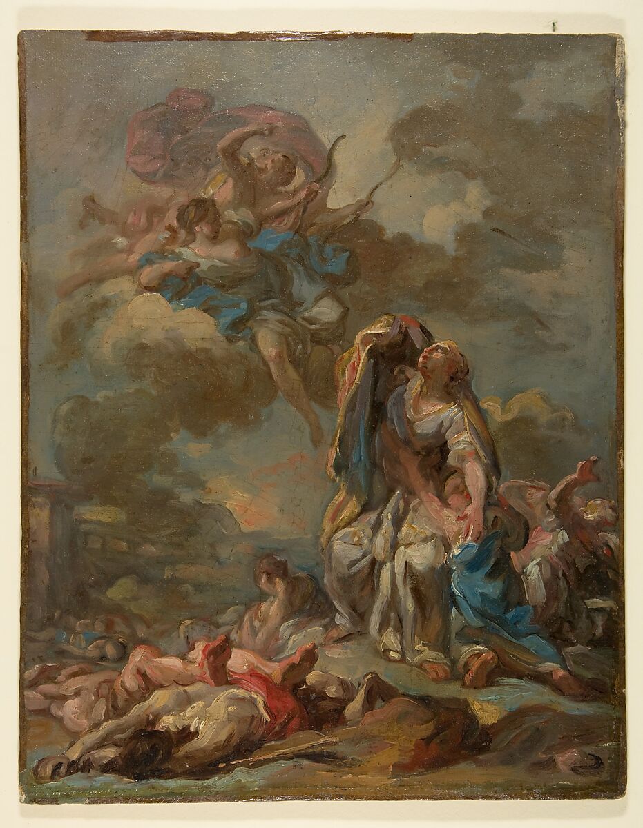 The Punishment of the Arrogant Niobe by Diana and Apollo, Pierre Charles Jombert  French, Oil paint on canvas, mounted on board