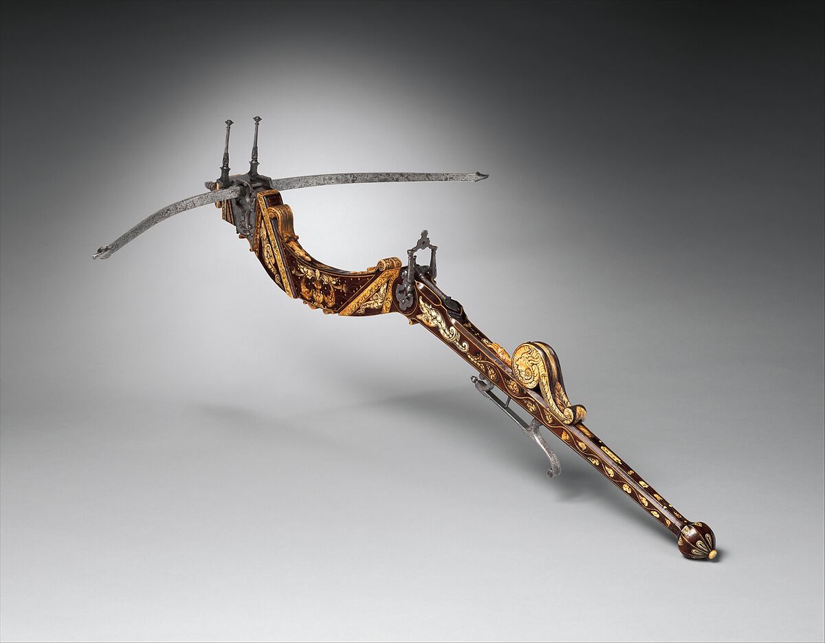 Pellet and Bolt Crossbow, Steel, wood (cherry, mahogany), staghorn, ivory (probably elephant), Northern Italian or French, probably Savoy 