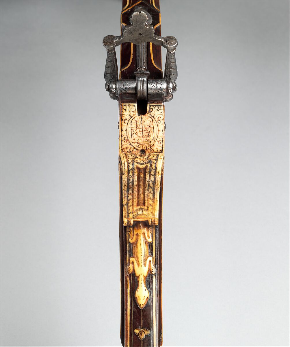 Pellet and Bolt Crossbow, Steel, wood (cherry, mahogany), staghorn, ivory (probably elephant), Northern Italian or French, probably Savoy