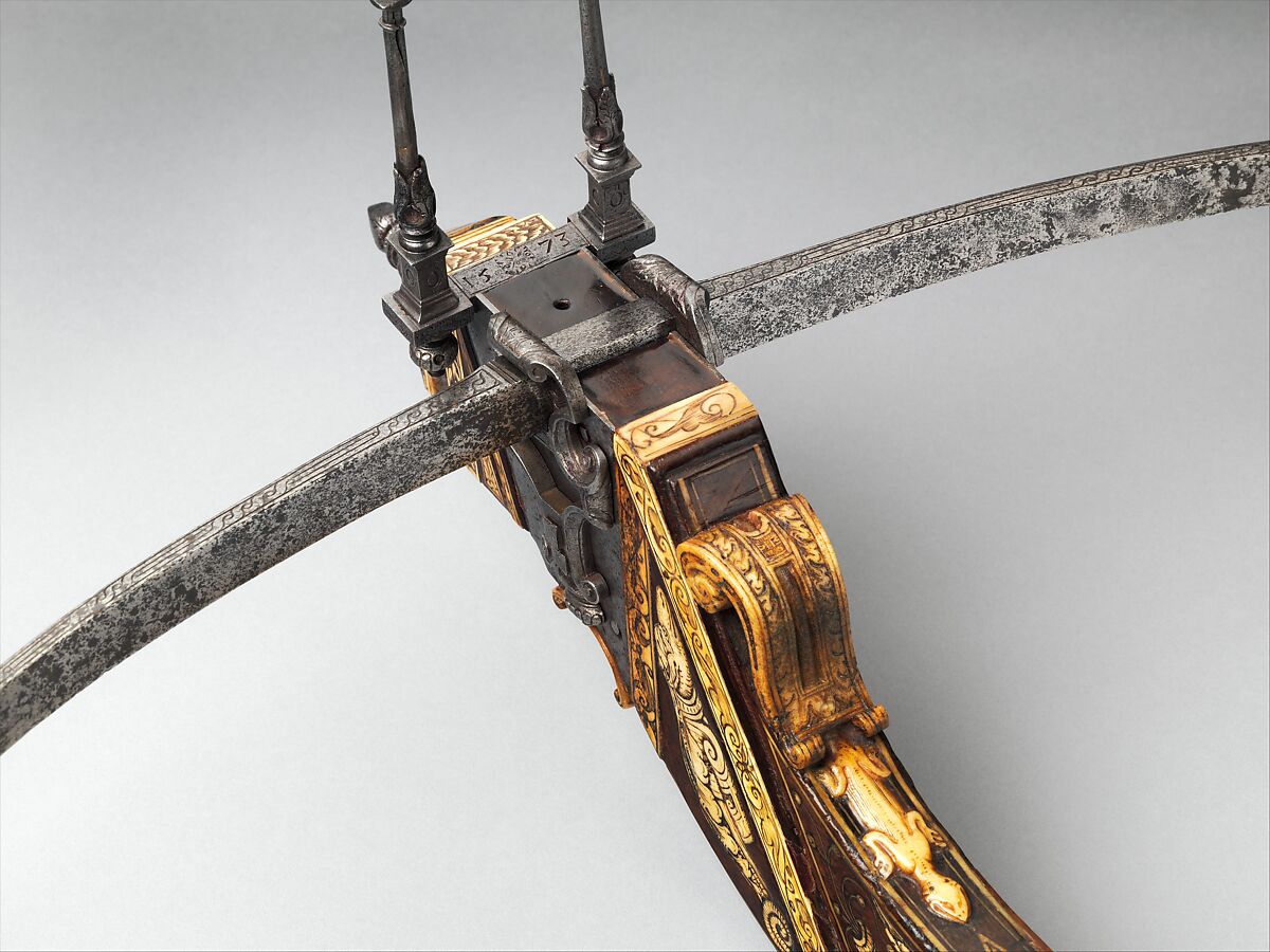 Pellet and Bolt Crossbow, Steel, wood (cherry, mahogany), staghorn, ivory (probably elephant), Northern Italian or French, probably Savoy