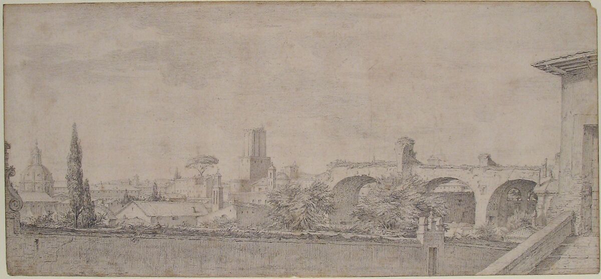 View of Rome from the Palatine, Pierre Charles Jombert (French, Paris 1748–1825), Black chalk, some accents in pen and black ink