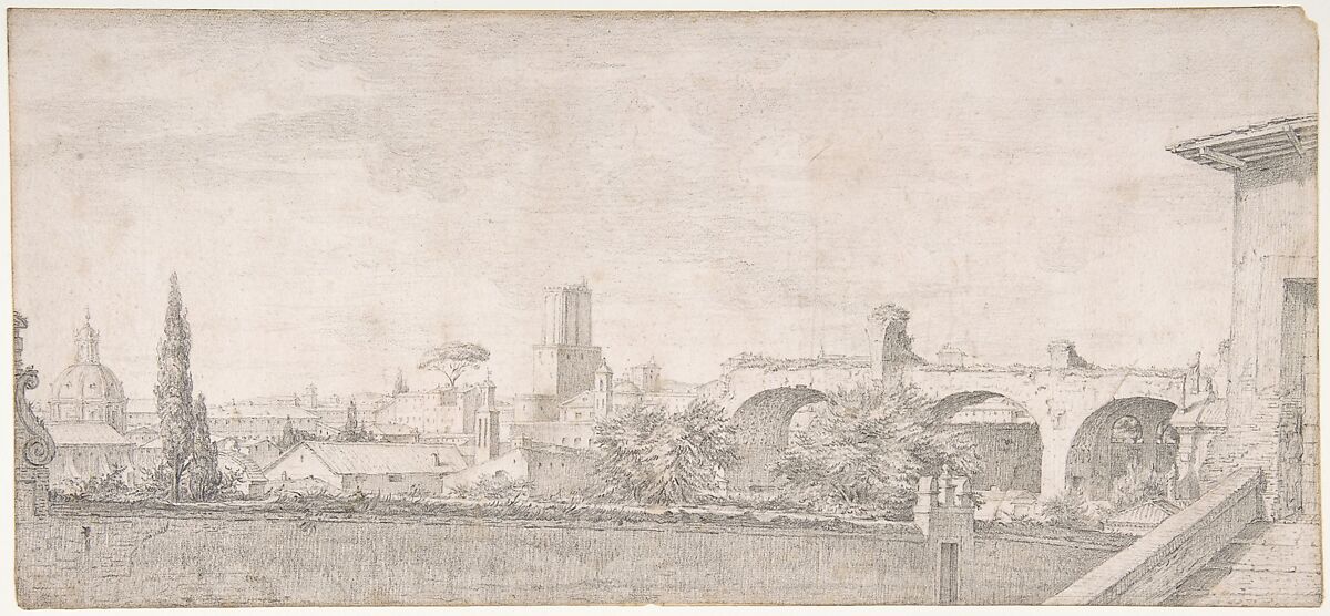 View of Rome from the Palatine, Pierre Charles Jombert (French, Paris 1748–1825), Black chalk, some accents in pen and black ink. 