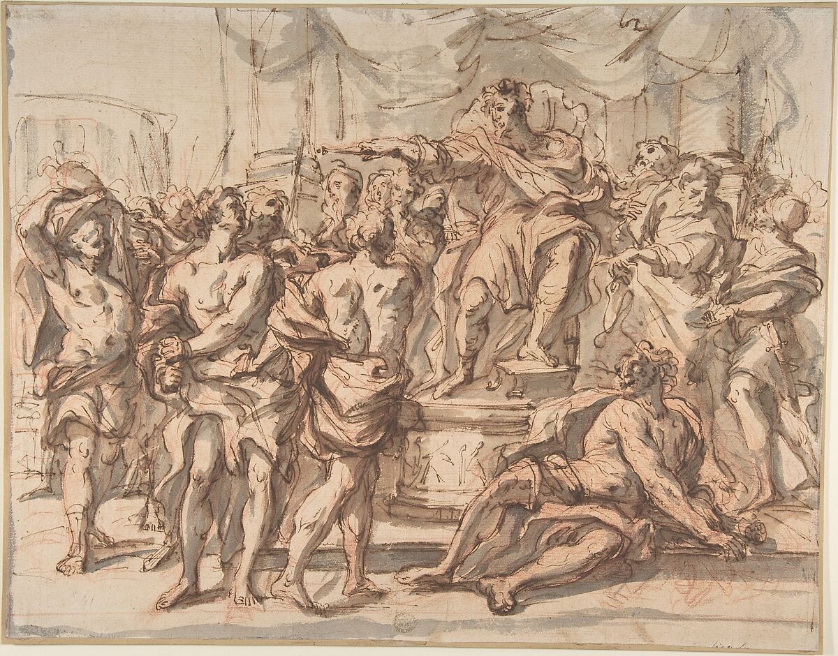 Historical Scene, Anonymous, French, 17th century, Pen and brown ink over red chalk and gray wash 