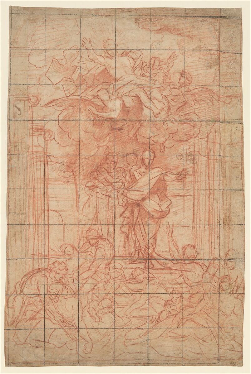 St. Peter Healing the Sick with His Shadow (Acts 5:15-16), Jean-Baptiste Jouvenet (French, Rouen 1644–1717 Paris), Red chalk, squared in black chalk on beige paper; contours incised.  A sheet measuring 39.1 x 28.8 cm has been affixed to the center of the larger sheet.  Verso blackened for transfer. 