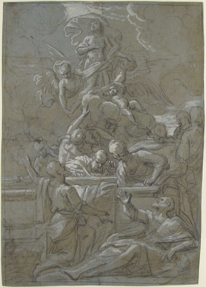 The Assumption of the Virgin, Jean-Baptiste Jouvenet (French, Rouen 1644–1717 Paris), Black chalk, brown wash, heightened with white on blue paper