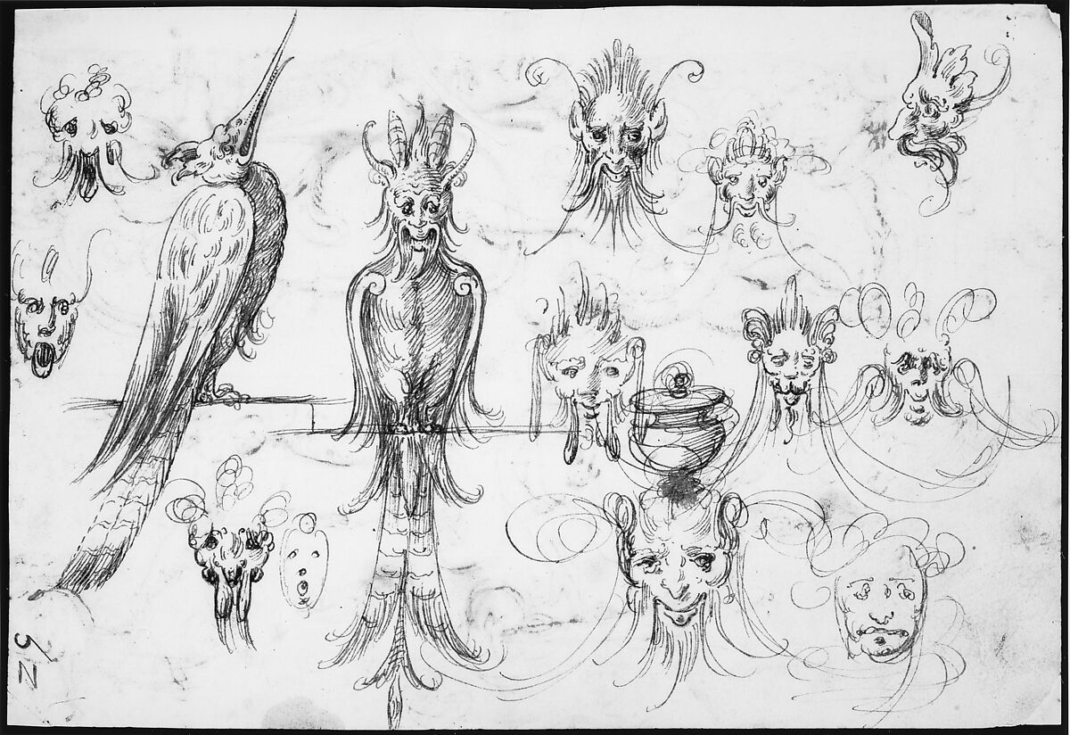 Studies for birds and grotesque masks (recto); candelabra grotesques, ewers and vases (verso), ? attributed to Andrés de Melgar (Spanish, documented S. Domingo de la Calzada, died after 1554), Pen and brown ink