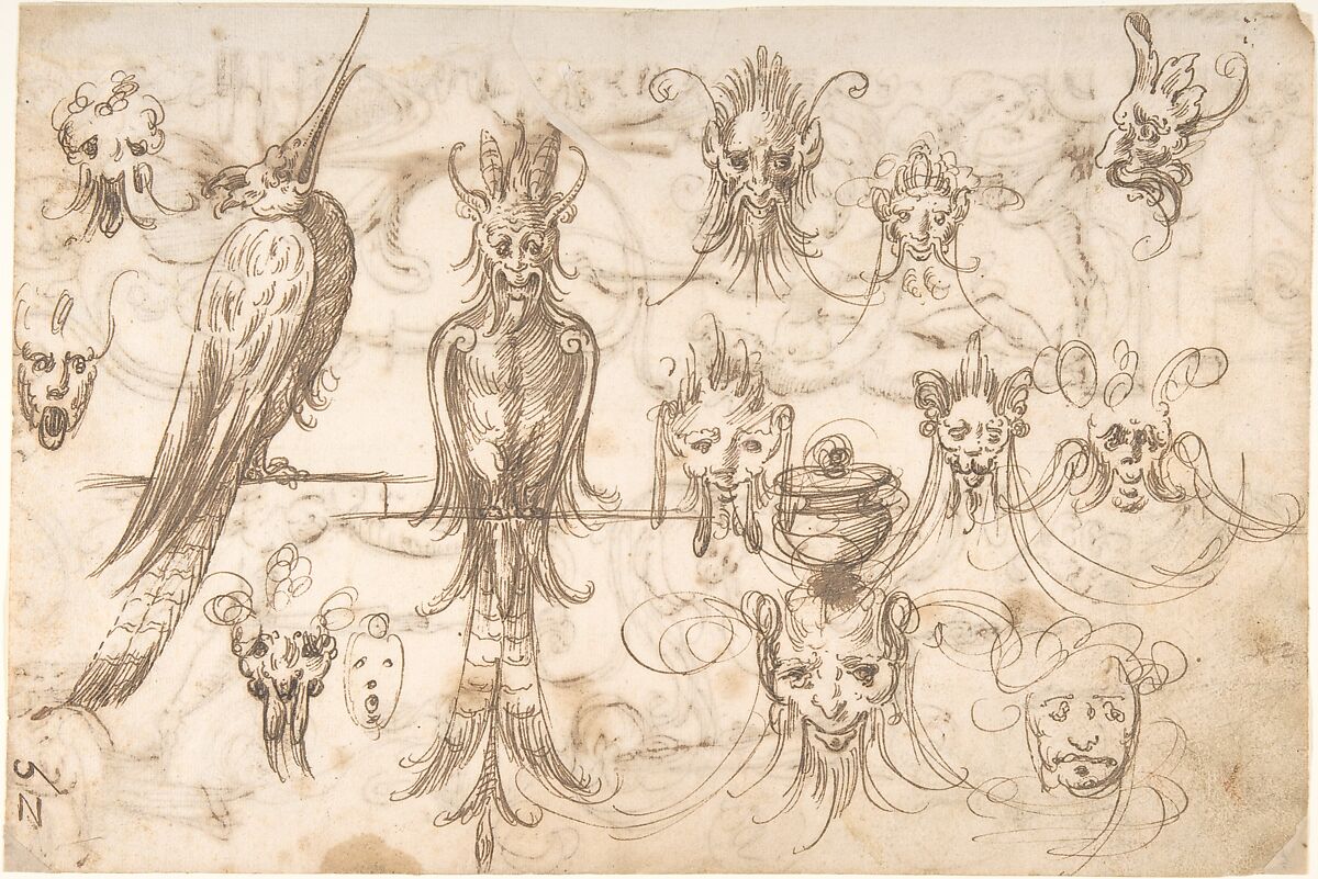 Studies for birds and grotesque masks (recto); candelabra grotesques, ewers and vases (verso), Andrés de Melgar  Spanish, Pen and brown ink