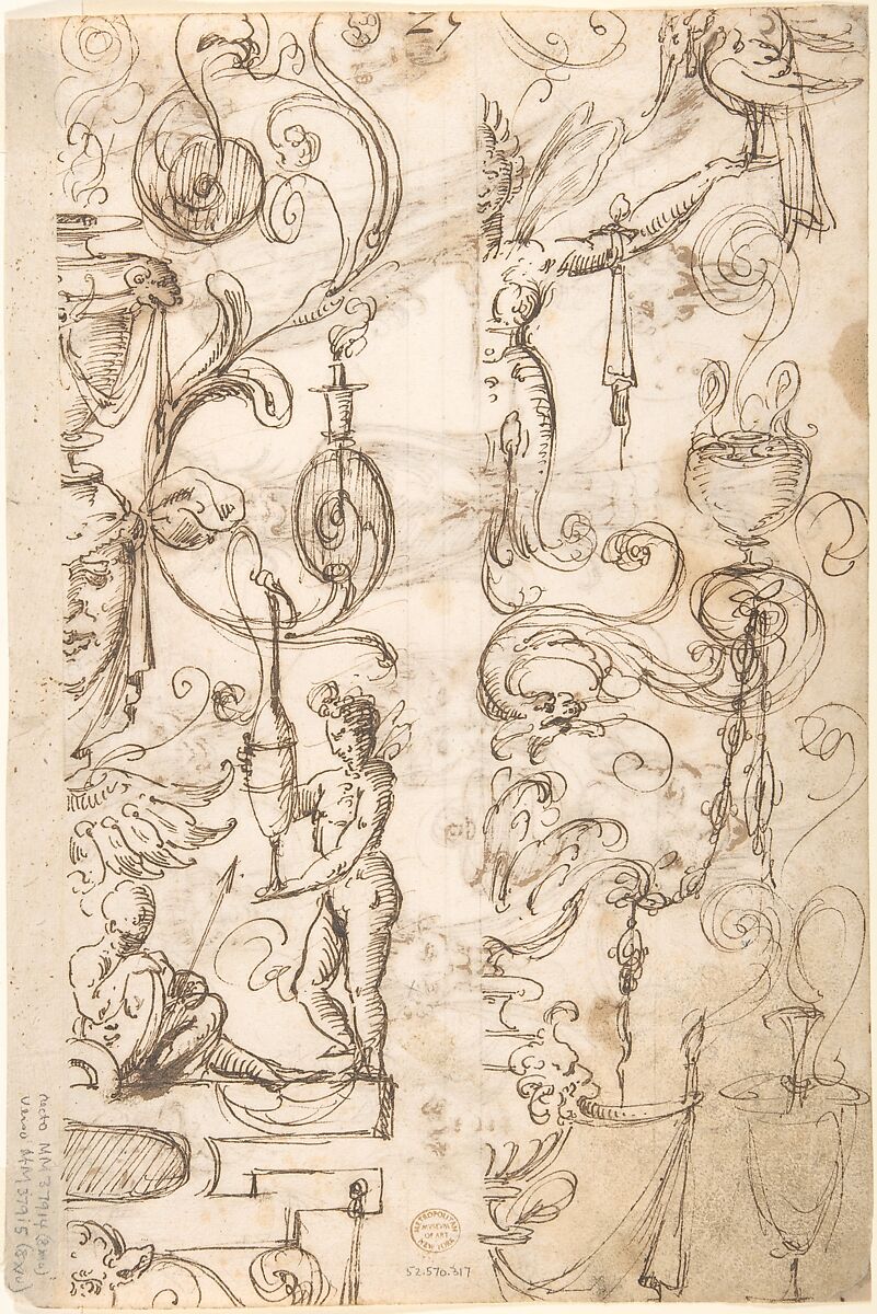 Studies for birds and grotesque masks (recto); candelabra grotesques, ewers and vases (verso), ? attributed to Andrés de Melgar (Spanish, documented S. Domingo de la Calzada, died after 1554), Pen and brown ink