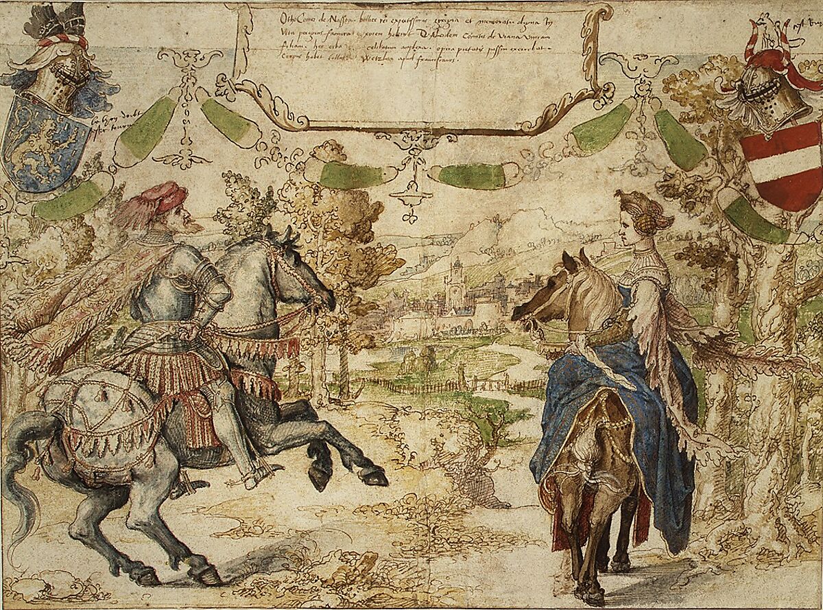 Otto, Count of Nassau and his Wife Adelheid van Vianen, Bernard van Orley (Netherlandish, Brussels ca. 1492–1541/42 Brussels), Pen and brown ink, watercolor over black chalk (recto); tracing in black chalk of the figures on the recto (verso)
