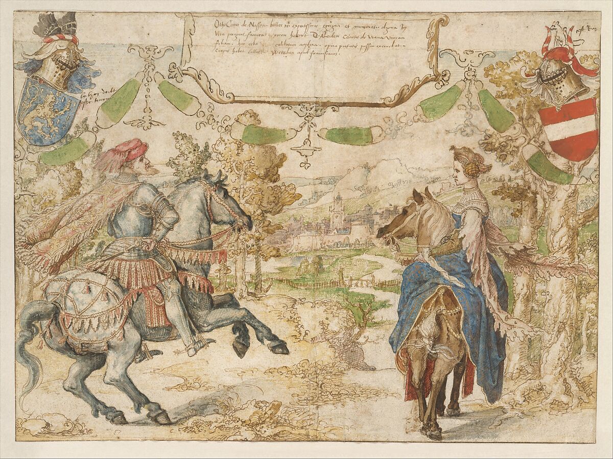 Otto, Count of Nassau and his Wife Adelheid van Vianen, Bernard van Orley (Netherlandish, Brussels ca. 1492–1541/42 Brussels), Pen and brown ink, watercolor over traces of black chalk; verso: tracing in black chalk of the figures on the recto 