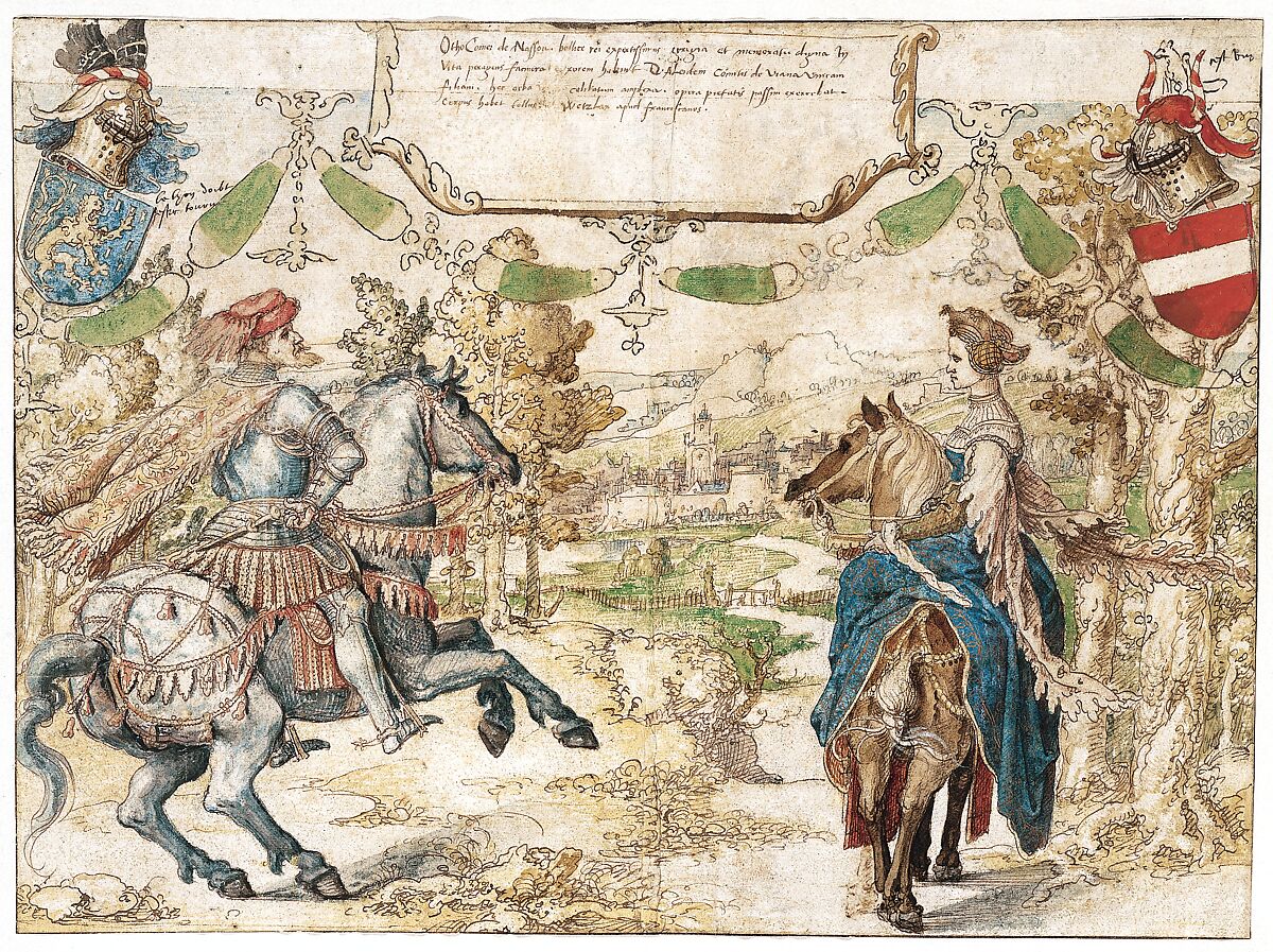 Otto, Count of Nassau and his Wife Adelheid van Vianen, Bernard van Orley (Netherlandish, Brussels ca. 1492–1541/42 Brussels), Pen and brown ink, watercolor over black chalk (recto); tracing in black chalk of the figures on the recto (verso)