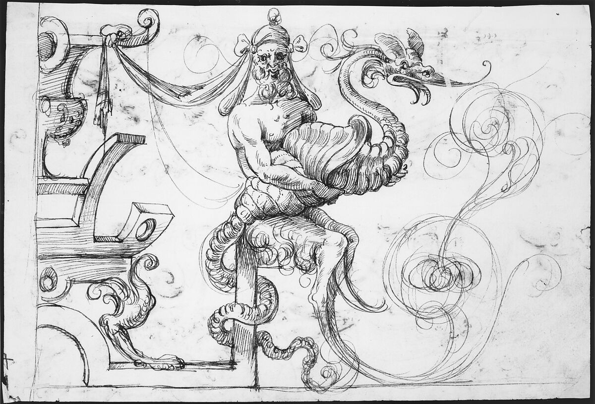 Satyr holding a fantastical creature (recto); Two candelabra grotesques (verso), ? attributed to Andrés de Melgar (Spanish, documented S. Domingo de la Calzada, died after 1554), Pen and brown ink