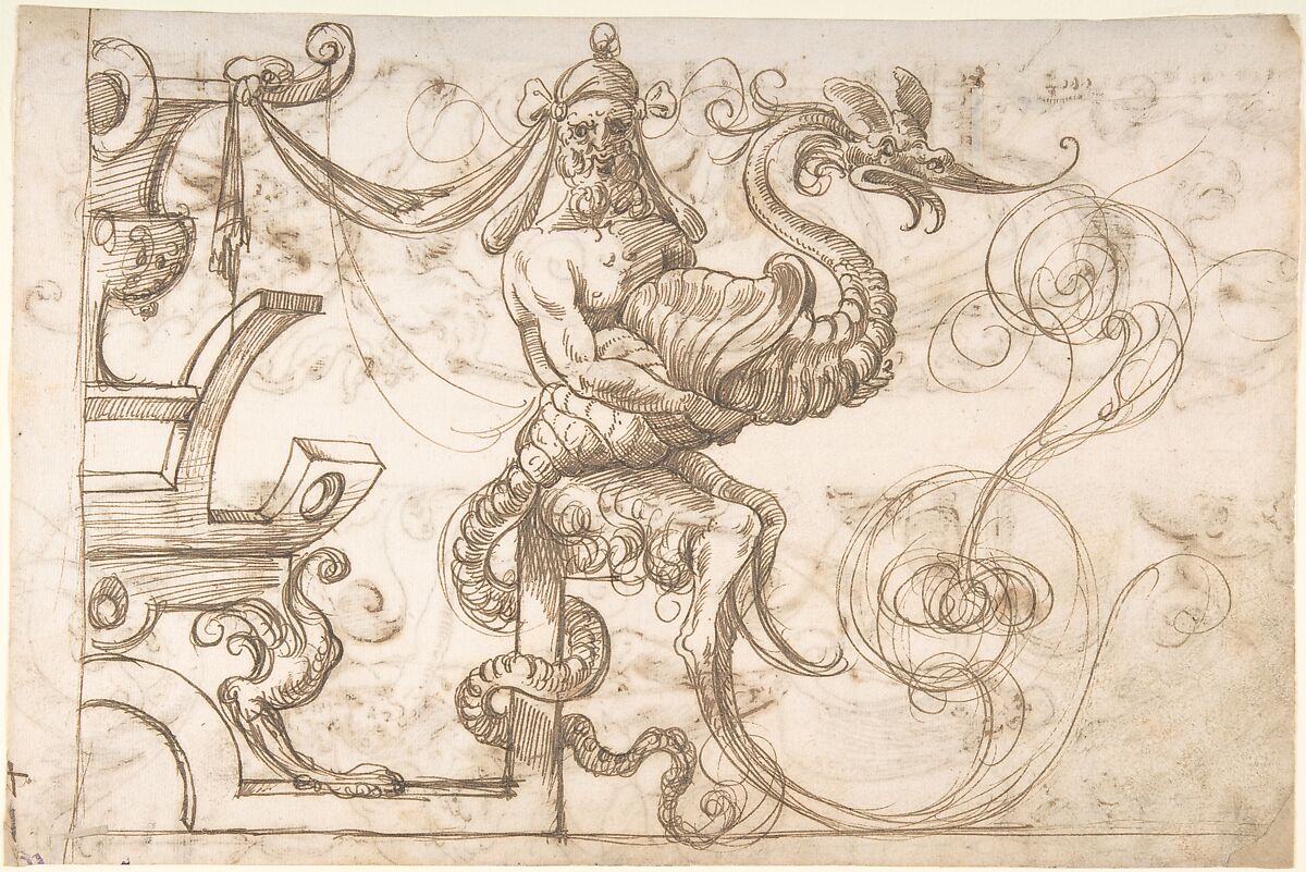Satyr holding a fantastical creature (recto); Two candelabra grotesques (verso), ? attributed to Andrés de Melgar (Spanish, documented S. Domingo de la Calzada, died after 1554), Pen and brown ink 