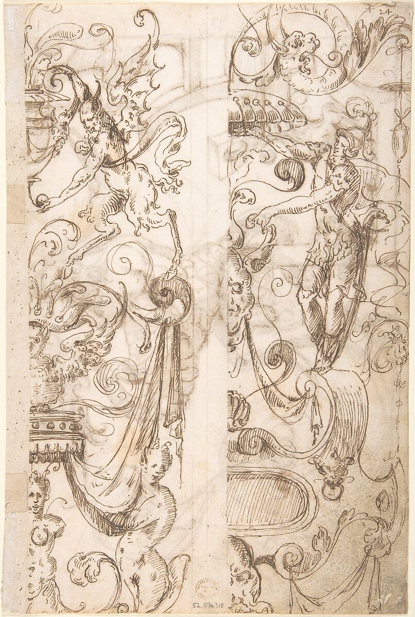 Satyr holding a fantastical creature (recto); Two candelabra grotesques (verso), ? attributed to Andrés de Melgar (Spanish, documented S. Domingo de la Calzada, died after 1554), Pen and brown ink