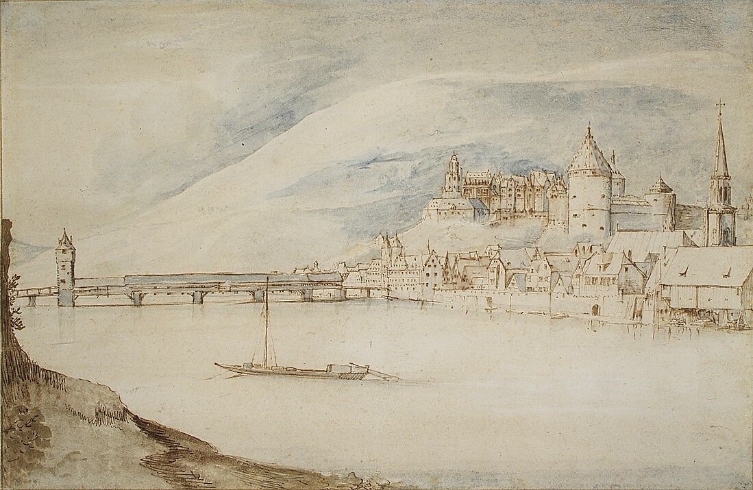 View of Heidelberg, Jan Brueghel the Elder (Netherlandish, Brussels 1568–1625 Antwerp), Pen and brown ink, brush and blue and brown wash, heightened with white; framing lines in pen and brown ink