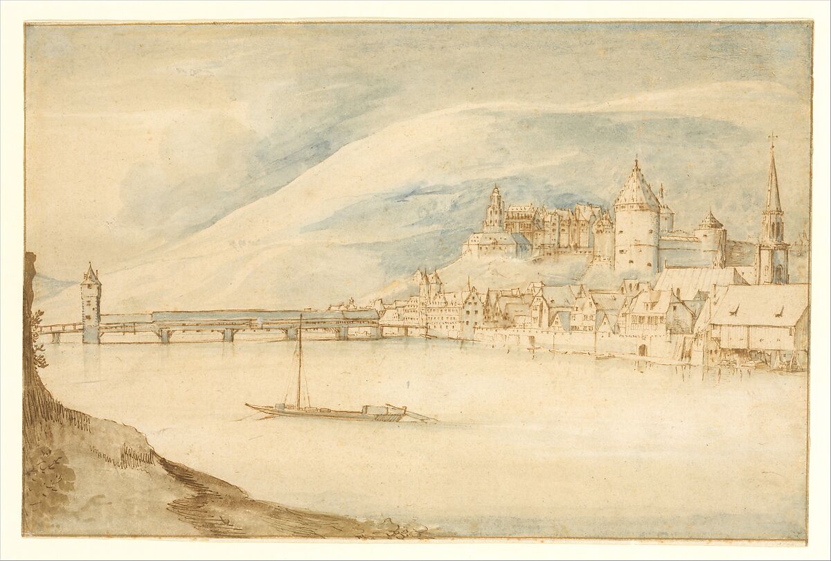 View of Heidelberg, Jan Brueghel the Elder (Netherlandish, Brussels 1568–1625 Antwerp), Pen and brown ink, brush and blue and brown wash, heightened with white; framing lines in pen and brown ink