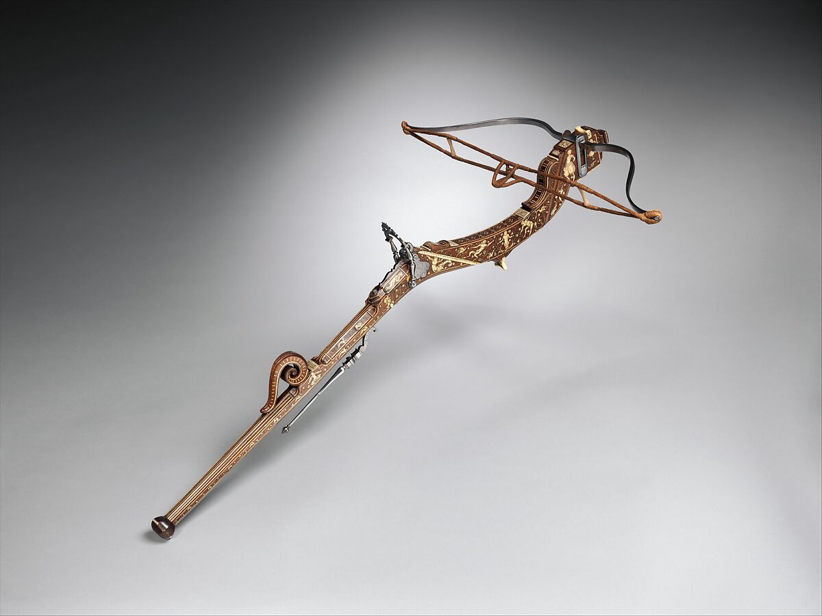 Pellet Crossbow, Steel, wood (fruitwood, probably cherry), ivory, mother-of-pearl, gold, hemp, iron alloy, probably French 