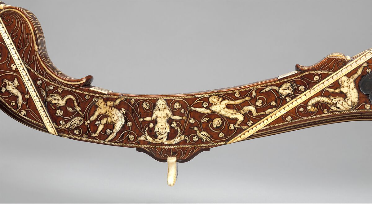 Pellet Crossbow, Steel, wood (fruitwood, probably cherry), ivory, mother-of-pearl, gold, hemp, iron alloy, probably French