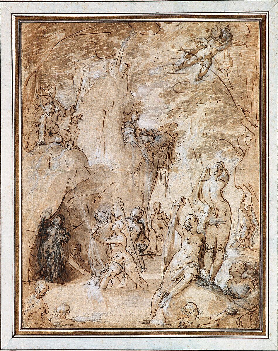 Diana and Actaeon, Bartholomeus Spranger (Netherlandish, Antwerp 1546–1611 Prague), Pen and brown ink, brush and brown and gray wash, white heightening, over traces of black chalk, on paper washed blue and pink
