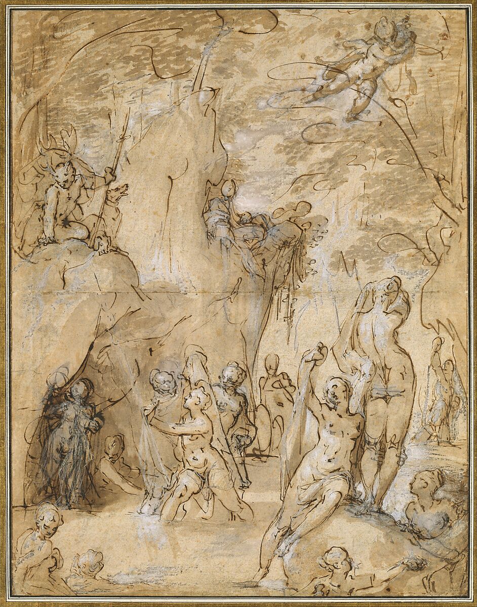Diana and Actaeon, Bartholomeus Spranger (Netherlandish, Antwerp 1546–1611 Prague), Pen and brown ink, brush and brown and gray wash, white heightening, over traces of black chalk, on paper washed blue and pink