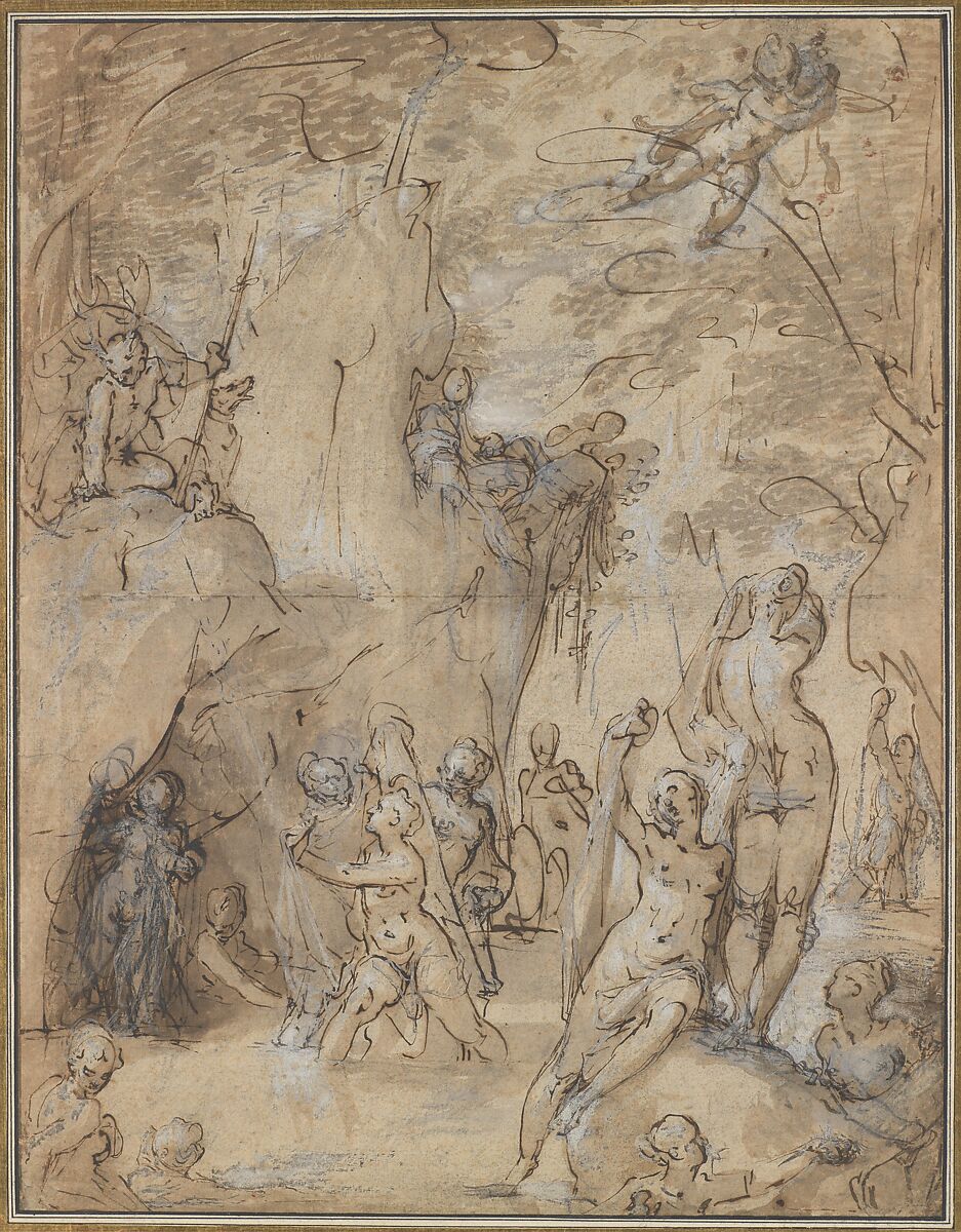 Diana and Actaeon, Bartholomeus Spranger  Netherlandish, Pen and brown ink, brush and brown and gray wash, white heightening, over traces of black chalk, on paper washed blue and pink