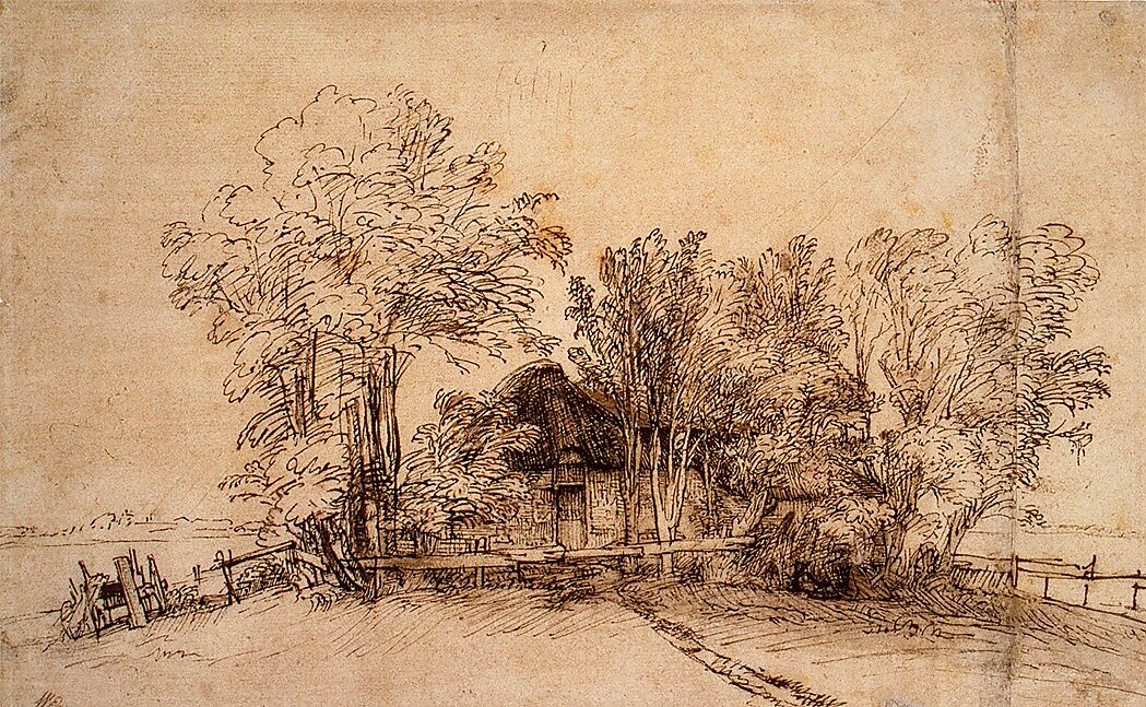 Cottage among Trees, Rembrandt (Rembrandt van Rijn) (Dutch, Leiden 1606–1669 Amsterdam), Pen and brown ink, brush and brown wash, on paper washed with brown