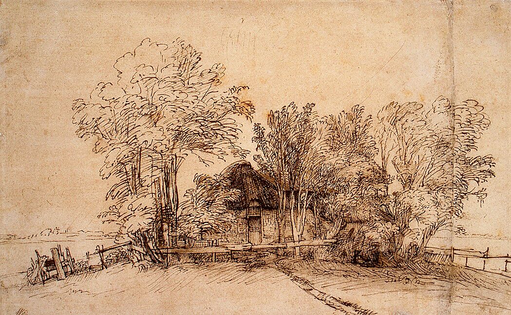 Cottage among Trees, Rembrandt (Rembrandt van Rijn) (Dutch, Leiden 1606–1669 Amsterdam), Pen and brown ink, brush and brown wash, on paper washed with brown