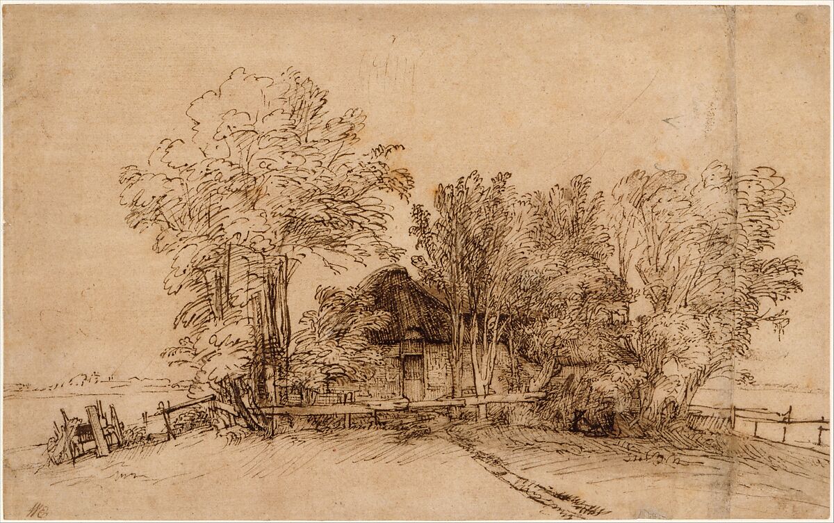 Cottage among Trees, Rembrandt (Rembrandt van Rijn) (Dutch, Leiden 1606–1669 Amsterdam), Pen and brown ink, brush and brown wash, on paper washed with brown