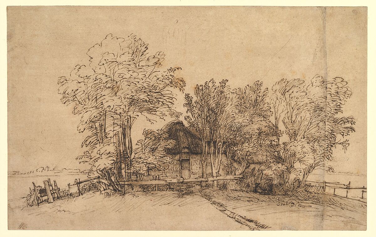 Cottage among Trees, Rembrandt (Rembrandt van Rijn) (Dutch, Leiden 1606–1669 Amsterdam), Pen and brown ink, brush and brown wash, on paper washed with brown