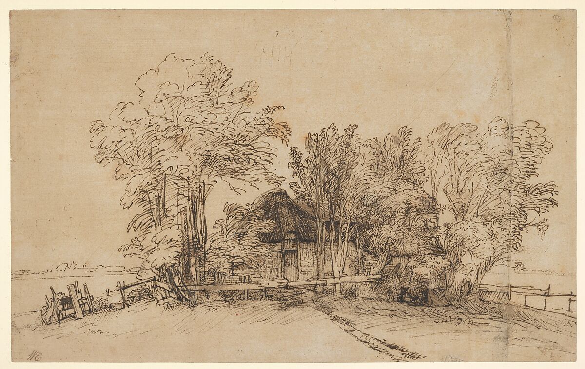 Cottage among Trees, Rembrandt (Rembrandt van Rijn) (Dutch, Leiden 1606–1669 Amsterdam), Pen and brown ink, brush and brown wash, on paper washed with brown 