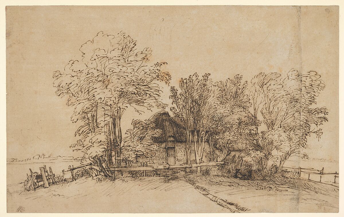 Cottage among Trees, Rembrandt (Rembrandt van Rijn)  Dutch, Pen and brown ink, brush and brown wash, on paper washed with brown