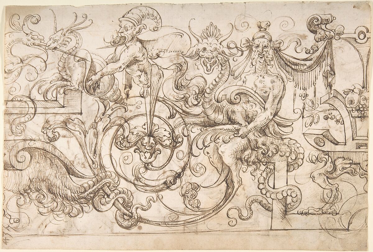 Grotesque panel with satyrs, herms, and strapwork (recto); winged creatures and strapwork (verso), Andrés de Melgar  Spanish, Pen and brown ink