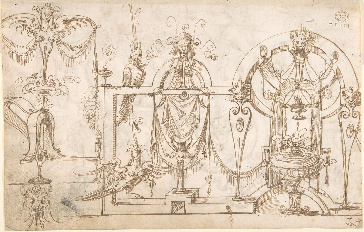 Grotesque panel with satyrs, herms, and strapwork (recto); winged creatures and strapwork (verso), ? attributed to Andrés de Melgar (Spanish, documented S. Domingo de la Calzada, died after 1554), Pen and brown ink