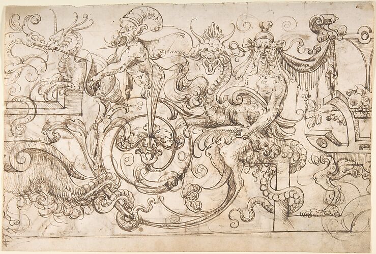 Grotesque panel with satyrs, herms, and strapwork (recto); winged creatures and strapwork (verso)
