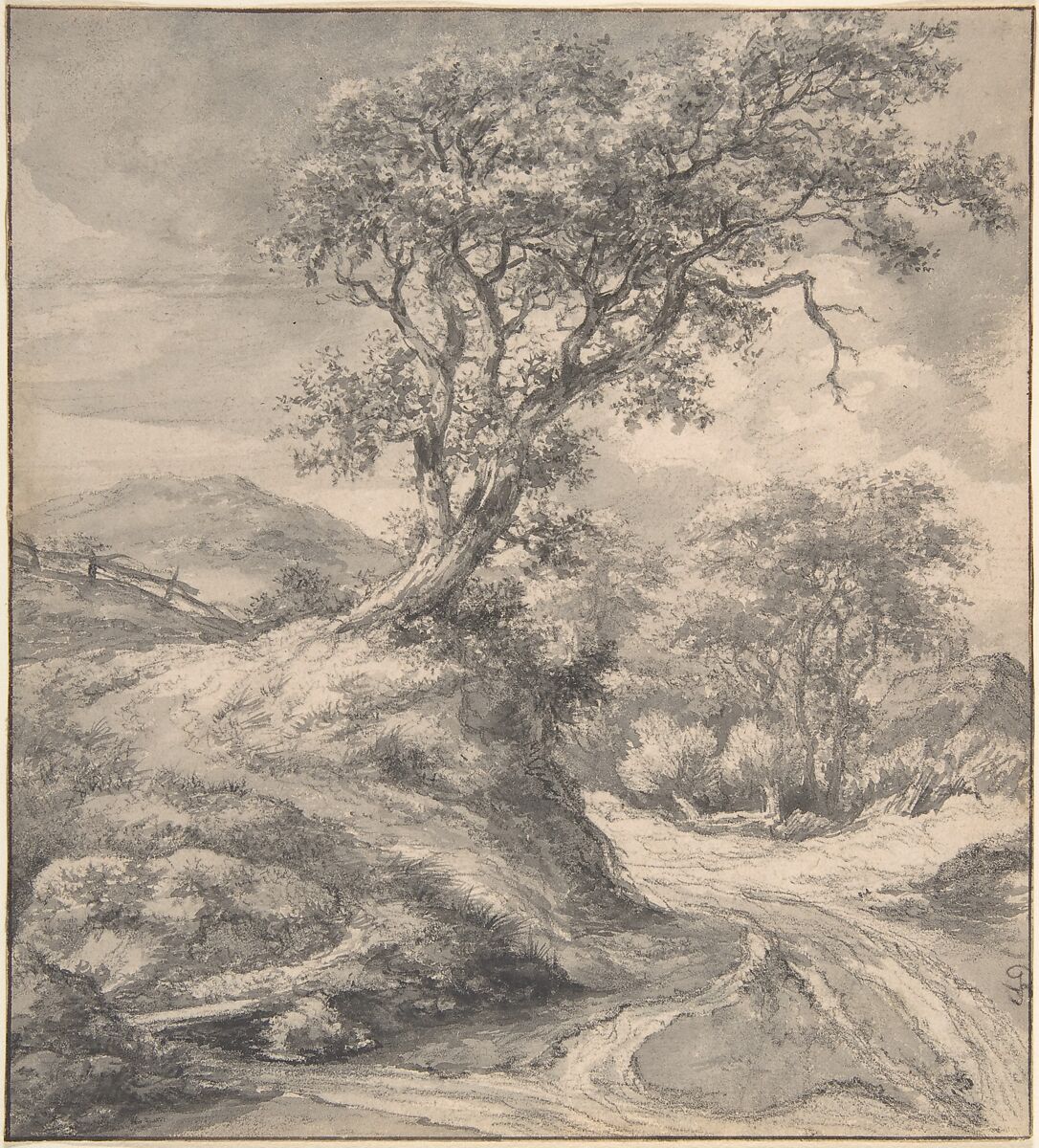 Dune Landscape with Oak Tree, Jacob van Ruisdael (Dutch, Haarlem 1628/29–1682 Amsterdam), Black chalk, brush and gray wash, and gouache; framing lines in pen and brown ink 