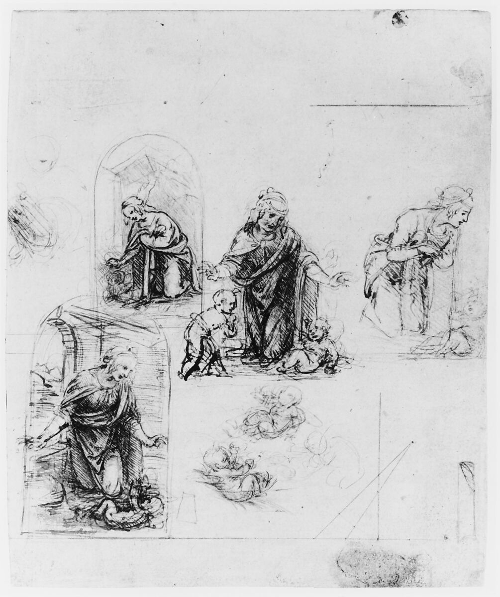 Compositional Sketches for the Virgin Adoring the Christ Child, with and without the Infant St. John the Baptist; Diagram of a Perspectival Projection (recto); Slight Doodles (verso), Leonardo da Vinci (Italian, Vinci 1452–1519 Amboise), Silverpoint, partly reworked by the artist with pen and dark brown ink on pink prepared paper; lines ruled with metalpoint (recto); pen and brown ink (verso)