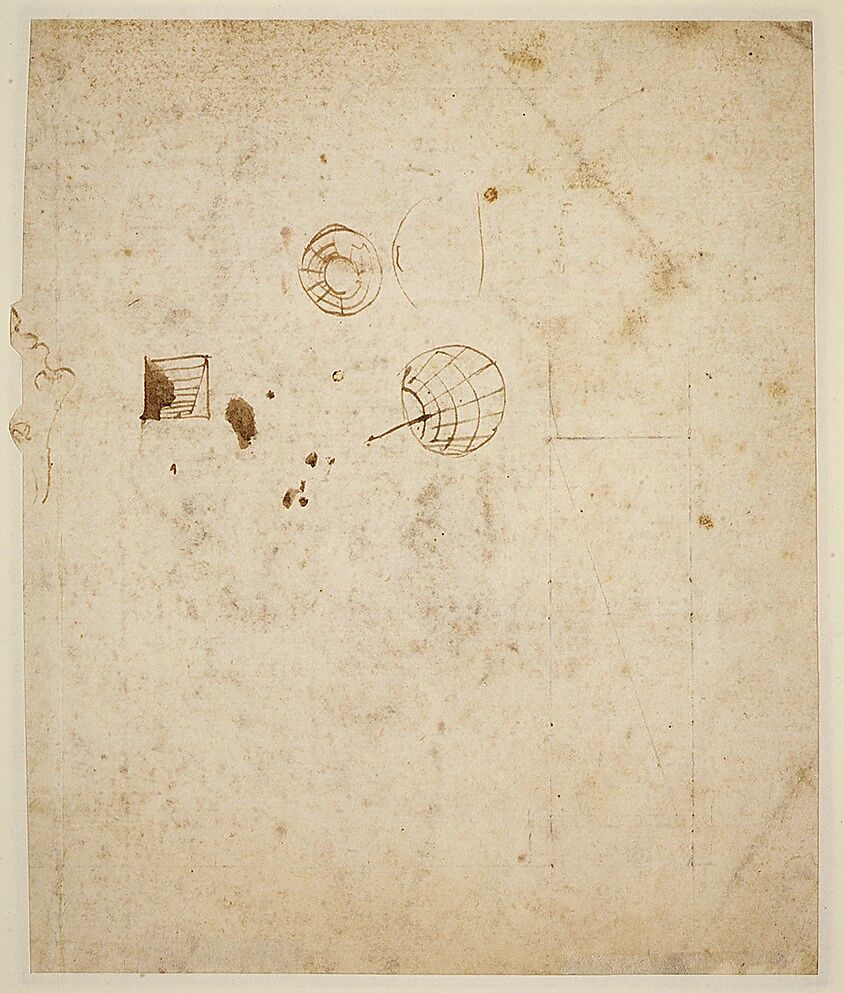 Compositional Sketches for the Virgin Adoring the Christ Child, with and without the Infant St. John the Baptist; Diagram of a Perspectival Projection (recto); Slight Doodles (verso), Leonardo da Vinci (Italian, Vinci 1452–1519 Amboise), Silverpoint, partly reworked by the artist with pen and dark brown ink on pink prepared paper; lines ruled with metalpoint (recto); pen and brown ink (verso)