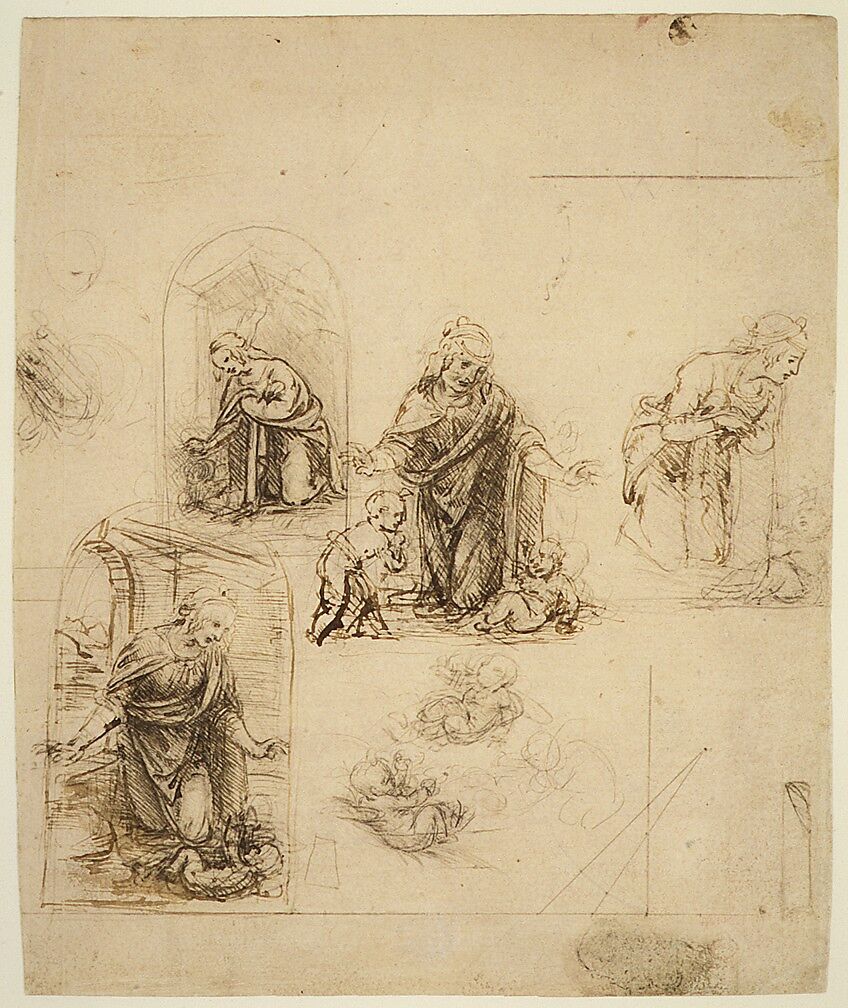 Compositional Sketches for the Virgin Adoring the Christ Child, with and without the Infant St. John the Baptist; Diagram of a Perspectival Projection (recto); Slight Doodles (verso), Leonardo da Vinci (Italian, Vinci 1452–1519 Amboise), Silverpoint, partly reworked by the artist with pen and dark brown ink on pink prepared paper; lines ruled with metalpoint (recto); pen and brown ink (verso)