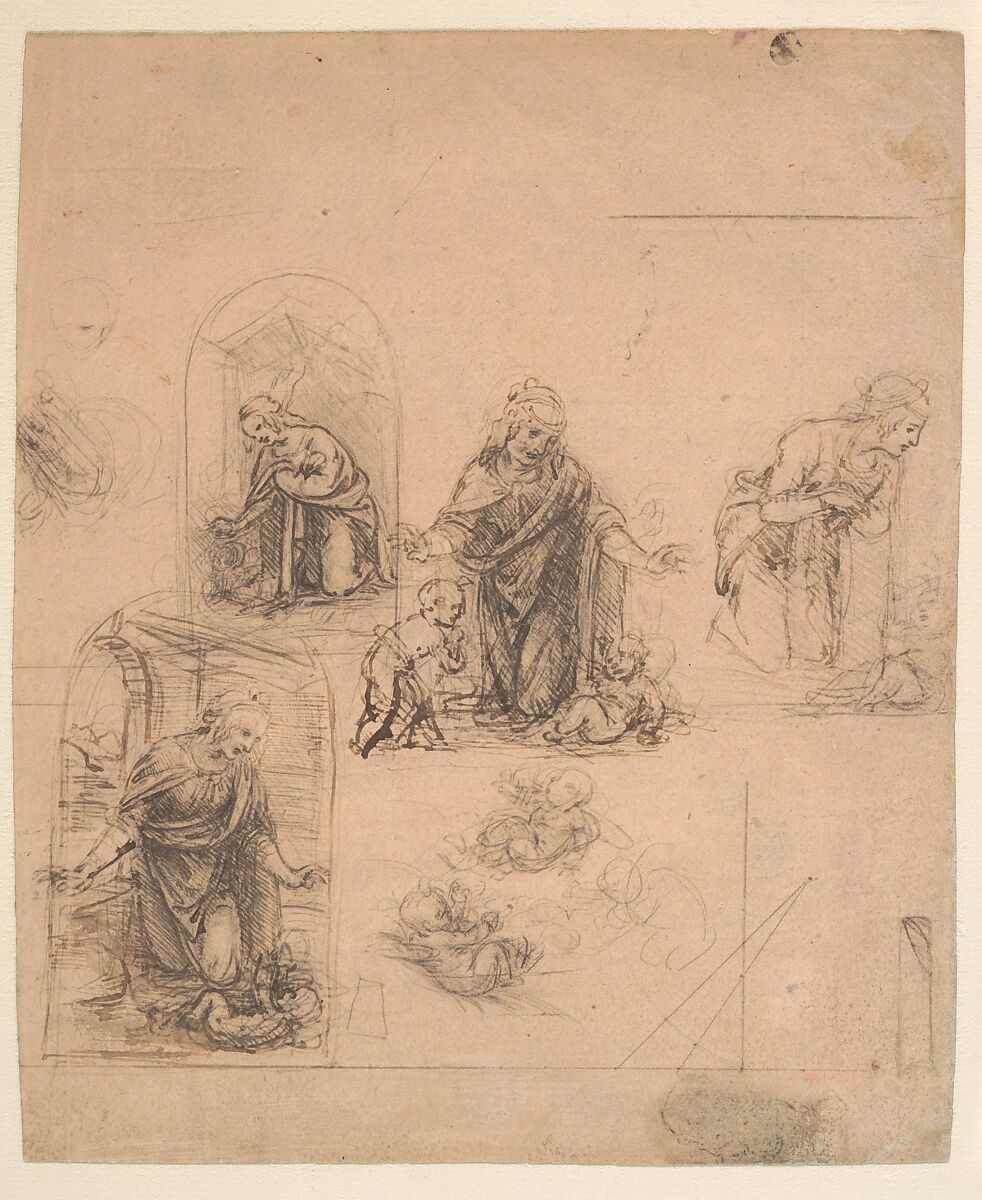 Compositional Sketches for the Virgin Adoring the Christ Child, with and without the Infant St. John the Baptist; Diagram of a Perspectival Projection (recto); Slight Doodles (verso), Leonardo da Vinci (Italian, Vinci 1452–1519 Amboise), Silverpoint, partly reworked by the artist with pen and dark brown ink on pink prepared paper; lines ruled with metalpoint (recto); pen and brown ink (verso)