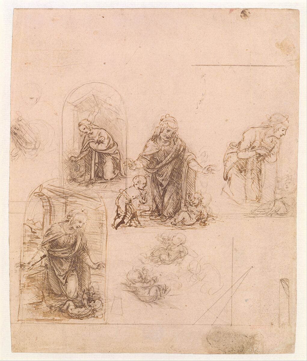 Compositional Sketches for the Virgin Adoring the Christ Child, with and without the Infant St. John the Baptist; Diagram of a Perspectival Projection (recto); Slight Doodles (verso), Leonardo da Vinci (Italian, Vinci 1452–1519 Amboise), Silverpoint, partly reworked by the artist with pen and dark brown ink on pink prepared paper; lines ruled with metalpoint (recto); pen and brown ink (verso)
