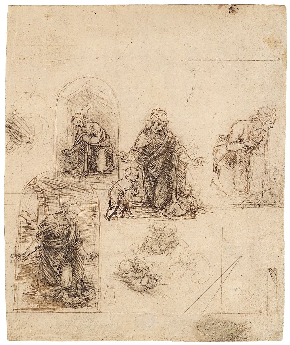 Compositional Sketches for the Virgin Adoring the Christ Child, with and without the Infant St. John the Baptist; Diagram of a Perspectival Projection (recto); Slight Doodles (verso), Leonardo da Vinci (Italian, Vinci 1452–1519 Amboise), Silverpoint, partly reworked by the artist with pen and dark brown ink on pink prepared paper; lines ruled with metalpoint (recto); pen and brown ink (verso)