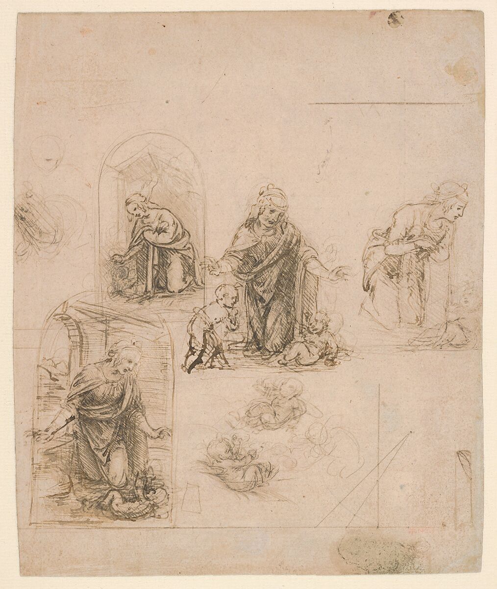 Compositional Sketches for the Virgin Adoring the Christ Child, with and without the Infant St. John the Baptist; Diagram of a Perspectival Projection (recto); Slight Doodles (verso)