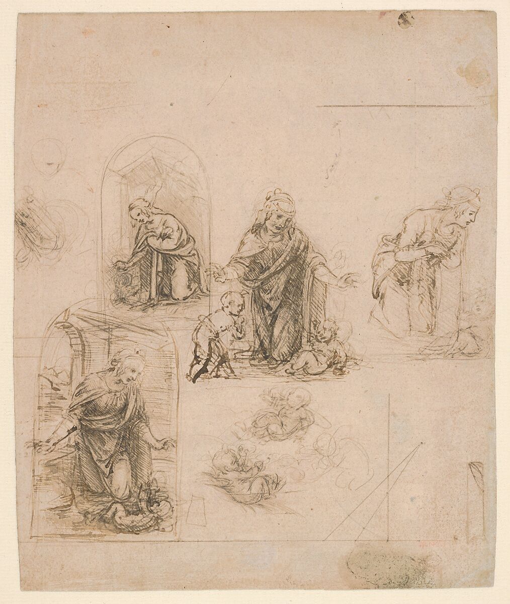 Compositional Sketches for the Virgin Adoring the Christ Child, with and without the Infant St. John the Baptist; Diagram of a Perspectival Projection (recto); Slight Doodles (verso), Leonardo da Vinci (Italian, Vinci 1452–1519 Amboise), Silverpoint, partly reworked by the artist with pen and dark brown ink on pink prepared paper; lines ruled with metalpoint (recto); pen and brown ink (verso) 