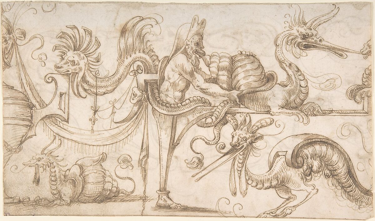 Term with snails and strapwork (recto); Candelabra grotesque with two figures (verso), ? attributed to Andrés de Melgar (Spanish, documented S. Domingo de la Calzada, died after 1554), Pen and brown ink 